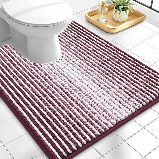 OLANLY Toilet Rugs U-Shaped 24x20, Soft Chenille Contour Bath Mat, Burgundy | Extra Absorbent, Striped Bathroom Rugs for Toilet, Dry Quickly, Machine Washable, Non-Slip