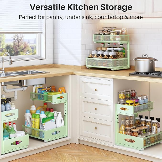 Under Sink Organizer, 2 Pack 2 Tier Pull Out Under Cabinet Organizer Shelf with Pad for Framed Cabinets, Metal Slide Out Under Sink Storage, Mesh Sliding Drawers for Kitchen Bathroom Laundry, Green