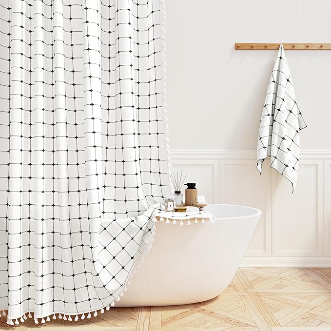 60x72 Boho Farmhouse Linen Heavy Duty Shower Curtain, White and Black | Narrow Size, 330GSM Linen Blend, 3-side Tassels, Water Repellent Fabric, 10 Plastic Hooks, Rustic Bohemian, Machine Washable