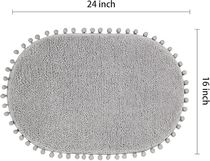 YIRDDEO Oval Rug for Bathroom, Cute Boho Bath Mat with Pom, Light Grey | Soft Plush, Absorbent, Quick Dry, Machine Washable, Non Slip Bath Mat for Bathroom Shower Floor Home Decor