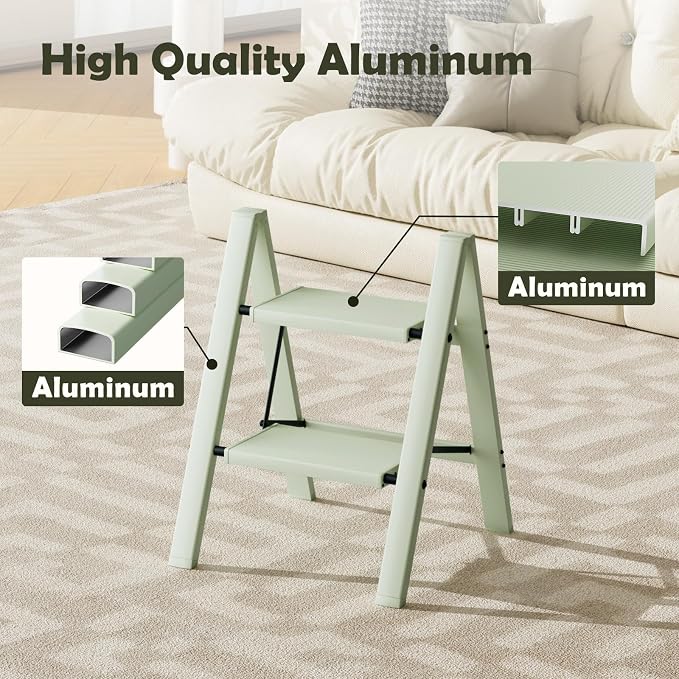 Taranta 2 Step Stool Foldable,Aluminum Step Ladder-FairylandGreen | Lightweight,Wide Anti-Slip Pedals,Folding Step Stool,330lbs Capacity for Household,Kitchen,Office