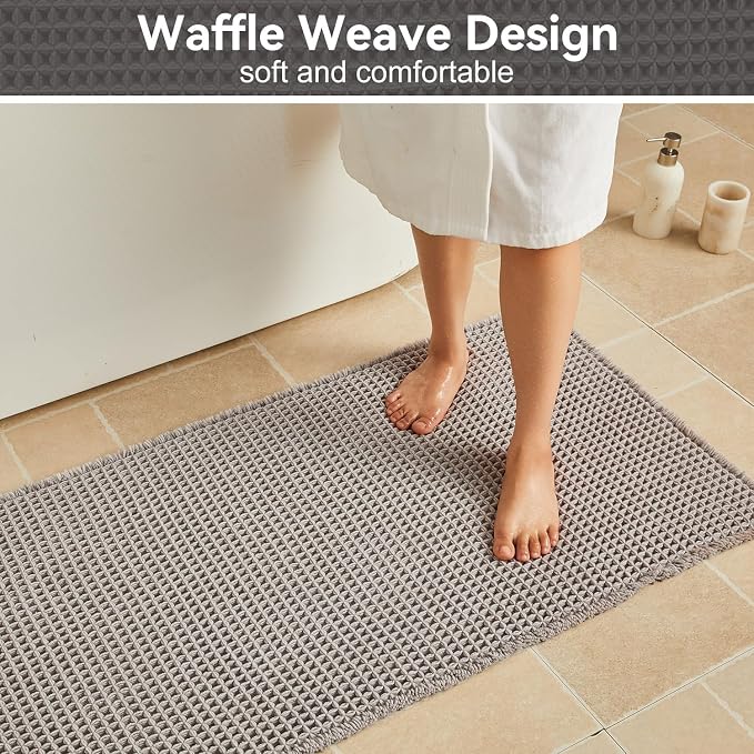 Triohero Waffle Bath Mat, Boho Bathroom Rugs Non Slip Washable, Ultra Soft Super Absorbent Quick Dry Farmhouse Bathroom Decor, 24" x 36", Light Grey