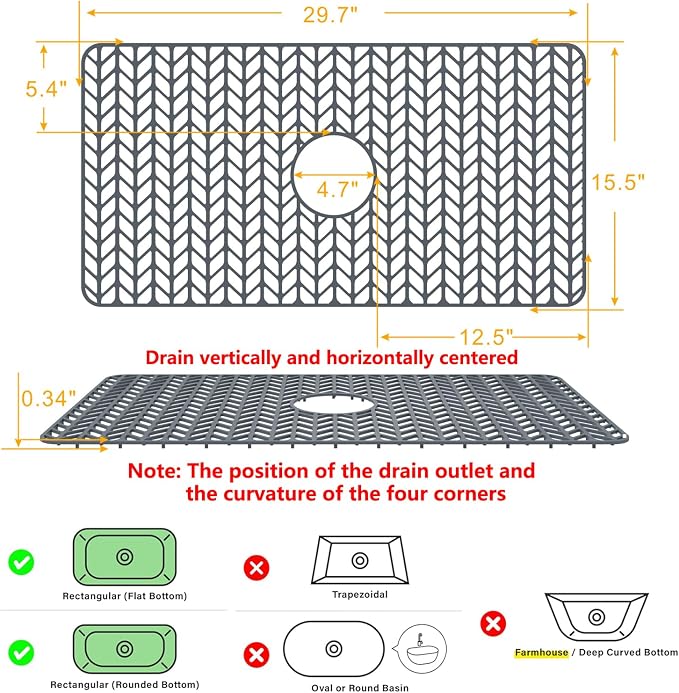 Sink Protectors for Kitchen Sink 29.7"x15.5" Center Drain Sink Mat | Protector for sinks and dish,Food-grade silicone,Non-slip and raised feet,Withstand to 500F,Dishwasher Washing