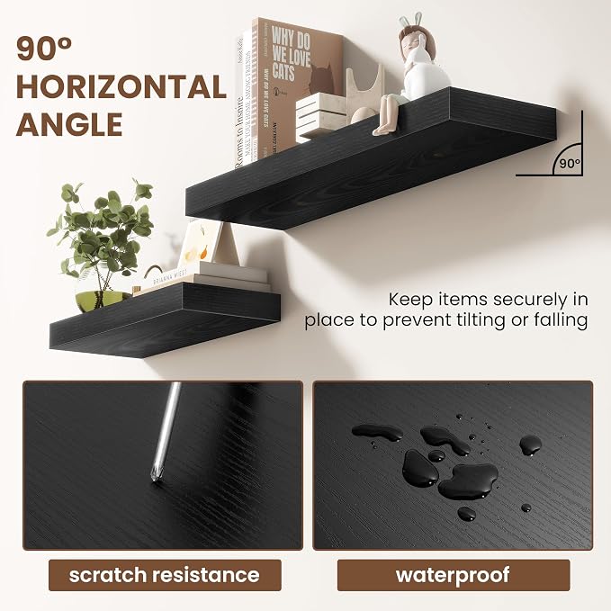 Acovy 48 Inch Floating Shelves for Wall 2 Pack, 48" Wall Shelves for Books, Storage, Decor, Wall Mounted Floating Shelf with Invisible Brackets for Kitchen, Living Room, Black