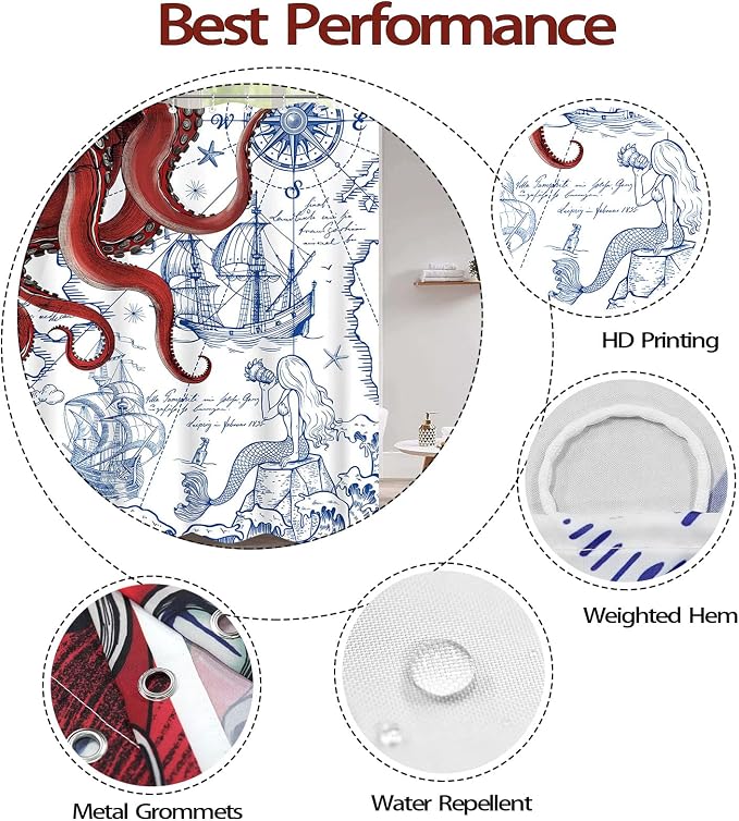 Fungarth 84 Inch Extra Long Red Nautical Octopus Shower Curtain Navy Blue Mermaid Funny Ocean Kraken Shower Curtains for Bathroom Anchor Coastal Map Waterproof Fabric Bath Curtain (Red, 72” x 84”)