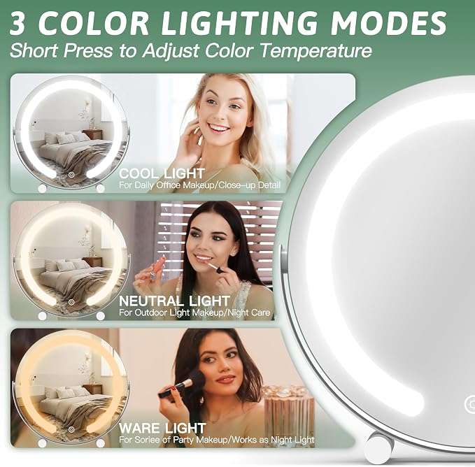 ROLOVE Vanity Mirror with Lights, 12 Inch Light Up Makeup Mirror, LED Makeup Mirror with Lights for Bedroom Tabletop, Smart Touch Control 3 Colors Dimmable, 360° Rotation, White | 3 Color Modes and Touch-Dimmable LED Ring Light, Corded Plug-in Mirror f...