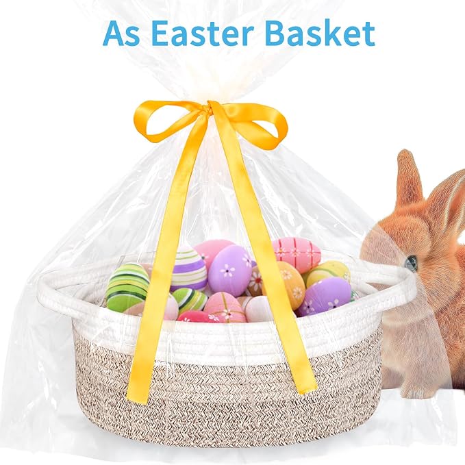 ABenkle Small Basket with Handles, Boho Decorative Rope Woven Dog Cat Toy Storage Bin Shelf Storage Organizer, Easter Christmas Gift Basket, 12"x8"x5"