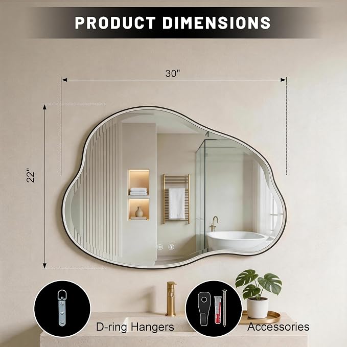POZINO 30"x22" Irregular LED Bathroom Mirror with Lights, Black Metal Frame | Beveled Edge, 3 Color Dimmable, Anti-Fog, Memory Function, IP65 Waterproof, Cloud Shaped Bathroom Mirror with Front Lights