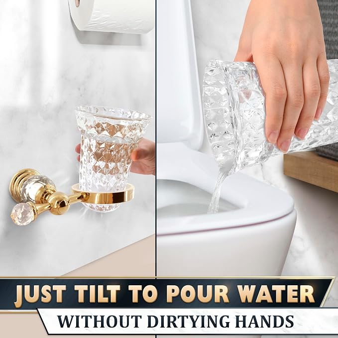 Wall-Mounted Toilet Brush and Holder Set, Clear Bowl (Gold Crystal) | Toilet Bowl Brush and Holder Set, Polished Gold Handle, Space-Saving Wall Mount, Stainless Steel Body, for Elegant Bathrooms