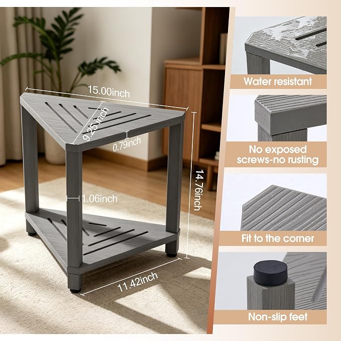 Corner Shower Stool with Storage Shelf, HDPS Waterproof Shower Foot Rest for Shaving Legs, 2-Tier Triangle Bathroom Stool for Inside Shower, Non-Slip Small Shower Bench, Gray