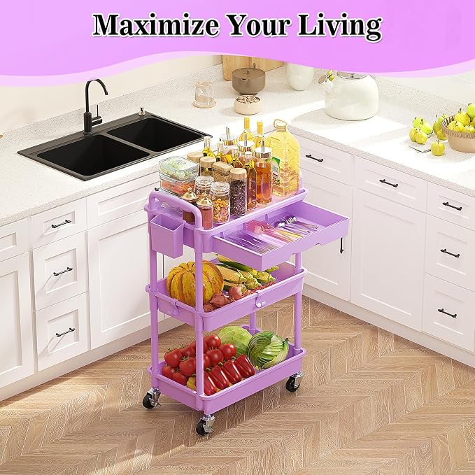 SUNALLY 3 Tier Rolling Cart with Drawer,Craft Storage Cart Organizer,Purple | Bathroom Storage Organizer with 2 Lockable Wheels, Rolling Utility Cart for Kitchen, Office, Baby, Makeup, Nail,Snack,Laundry