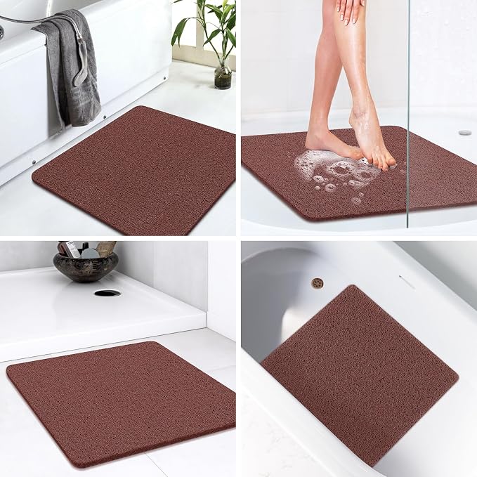 LuxStep Shower Mat Bathtub Mat Non-Slip Bath Mat with Drain, Quick Drying | 24x24 inch PVC Loofah Bathmat for Tub,Shower,Bathroom,Reddish Brown