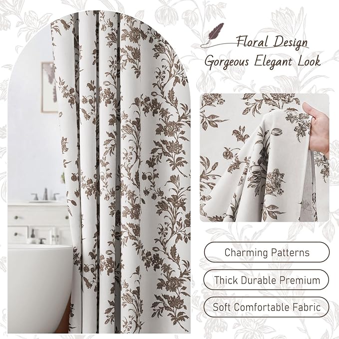 Brown Floral Shower Curtain,Vintage Cotton Cottagecore Shower Curtains for Bathroom, 72" W x 72" L