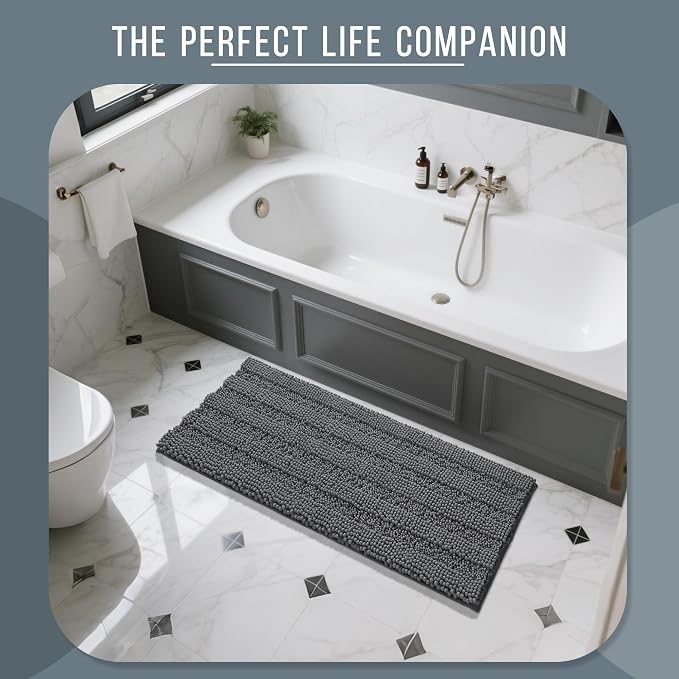 Yimobra Bathroom Rug Mat 44 x 24, Non Slip and Super Absorbent Bath Mat,Machine Washable Quick Dry,Ultra Plush Chenille Shower Rugs for Bathroom Floor Sink Tub and Shower Outside,Dark Gray