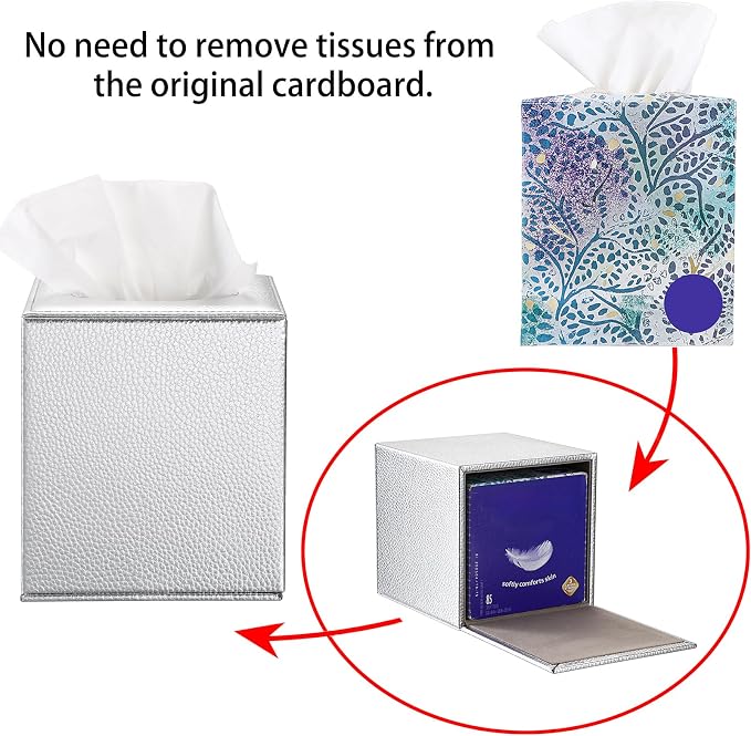 Sumnacon Tissue Box Cover Square,Magnetic Bottom Tissue Box Holder,Silver | Cube PU Leather Tissue Cover with Lychee Pattern,Decorative Tissue Box Covers for Living Room Bathroom Table Desk Office Car