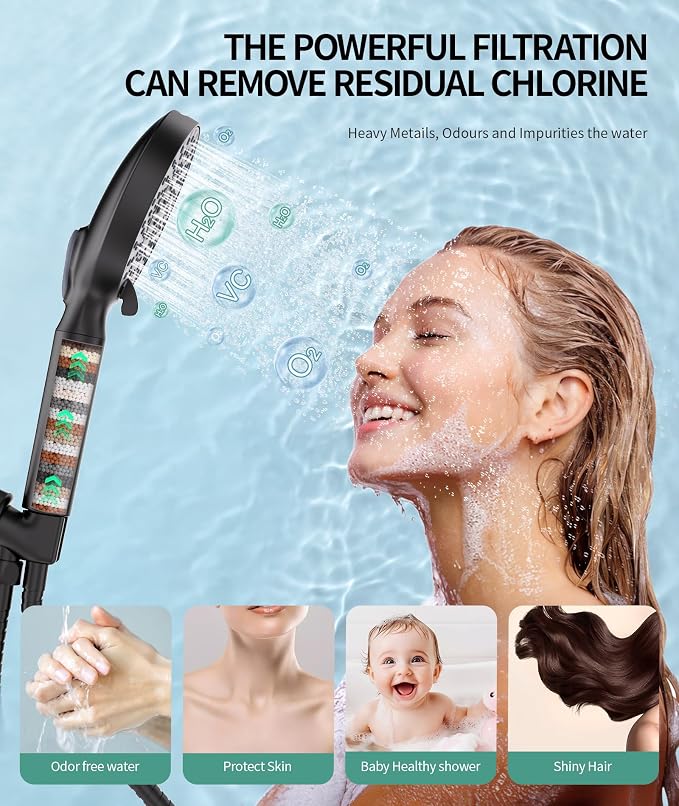 SR SUN RISE Filtered Shower Head with Handheld, High Pressure 9 Spray Mode Matte Black Showerhead with Filters, detachable shower head,Water Softener Filters Beads for Hard Water - Remove Chlorine