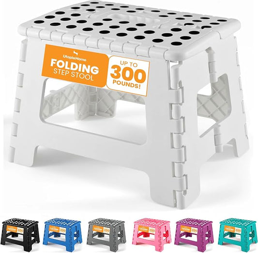 Utopia Home Folding Step Stool 9 Inch, Anti-Slip, White, 1-Pack | Foldable step stool with anti-slip surface, built-in handle, and 300 lbs support for safe home use.