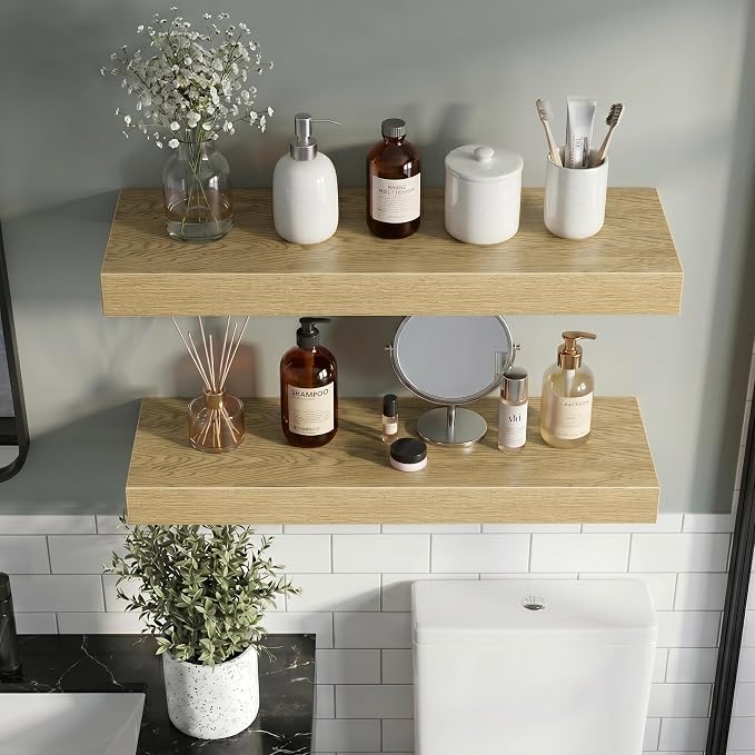 Vivelove 16 Inch Floating Shelves Wall Mounted for Display, 6.5 Deep Duty Shelves with Invisible Brackets for Living Room,Bedroom,Kitchen, Bathroom Storage & Decor,16" Wx6.5 Dx1.4 H - Oak