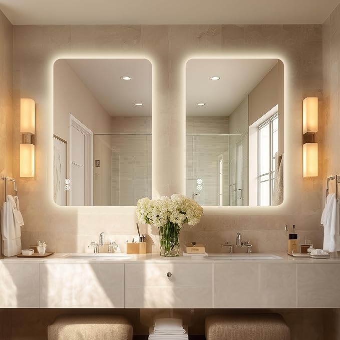 40''X30'' Lighted Mirrors for Bathroom Wall Backlit Rectangular Rounded Corners, LED Bathroom Mirror Frameless with Lights, Dimmable, 3 Colors,Tempered Glass, Shatter-Proof