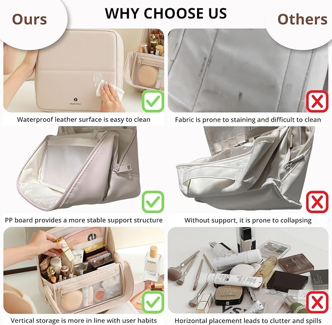tianzong Travel Makeup Bag with Magnetic Fold-Down Flap, Waterproof Leather Cosmetic and Toiletry Organizer for Women, Multi-Zone Standing Storage, Cream, X-Large