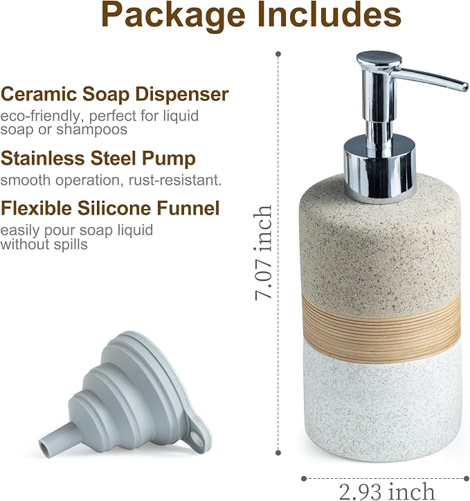 Ceramic Kitchen Dish Soap Dispenser Set with Stainless Steel Pump | Refillable Hand Soap, Shampoo and Conditioner, Body Wash, Lotion Dispenser | for Kitchen and Bathroom Counter Non Slip, 12 Oz
