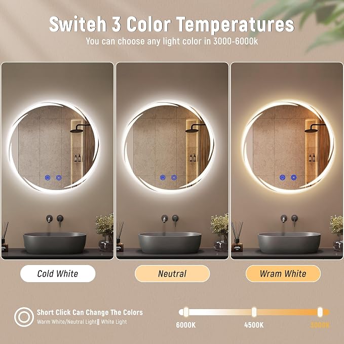 32“ x 32” LED Bathroom Smart Mirror- Anti-Fog, Round Mirror with Three Color Light Temperature Brightness Settings,Backlit + Front Lit,Wall-Mounted Vanity Mirror with Memory Function