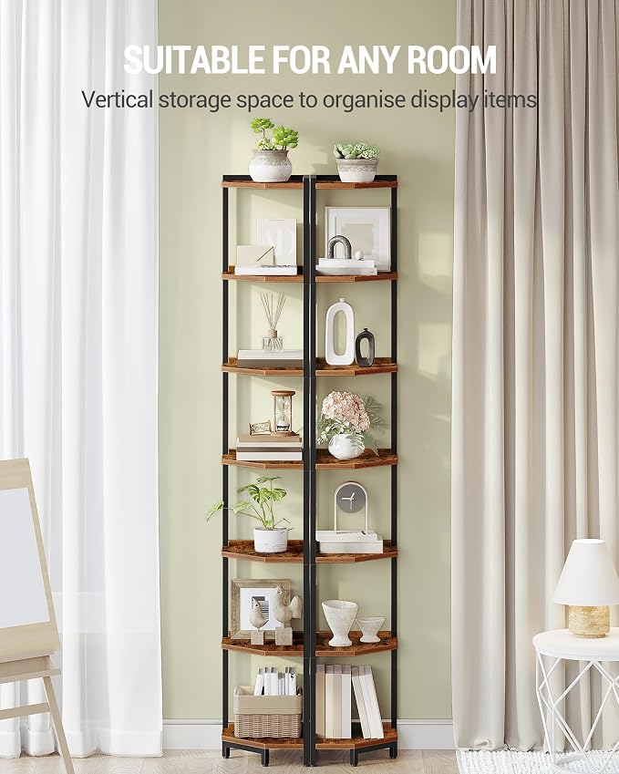 Hzuaneri Corner Shelf Stand 7-Tier Corner Bookshelf Storage Standing Shelf | Bookcase Plant Stand with Metal Frame for Living Room, Home Office, Bedroom, Rustic Brown CS07001B