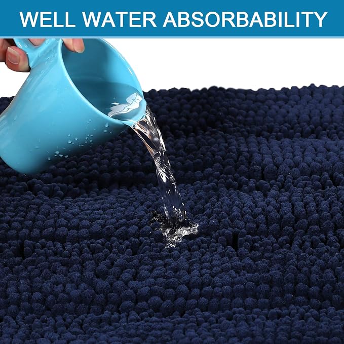 H.VERSAILTEX Bathroom Rugs Bath Rugs for Bathroom Non Slip Bath Mats Extra Thick Chenille Striped Rug 17" x 24" Absorbent Soft Shaggy Washable Dry Fast Bath Mats for Bath Room Floor - Navy