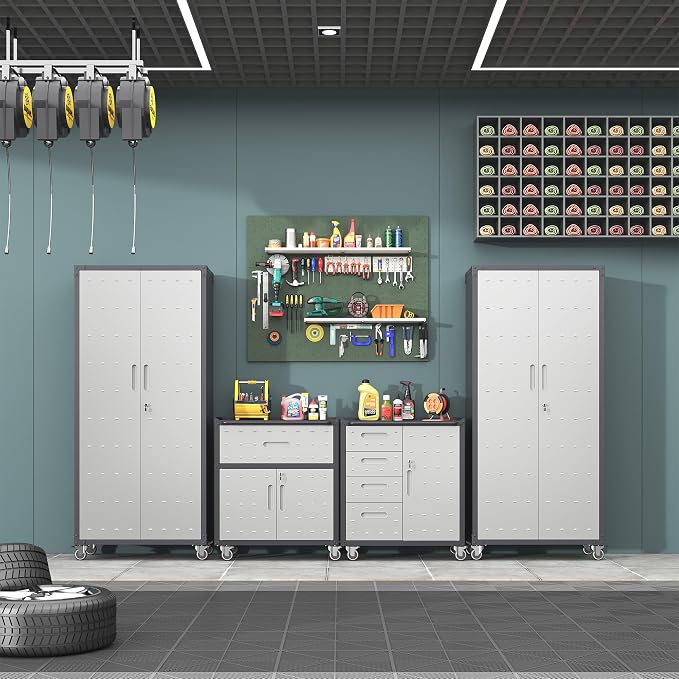 Garage Storage Cabinet System,Wall Cabinet & Locking Rolling Tool Cabinet with Doors and Adjustable Shelves