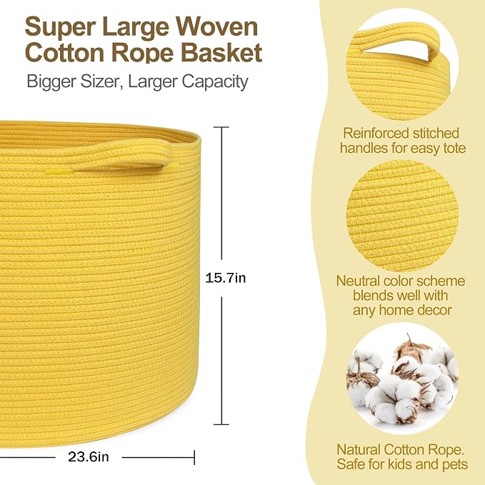 Extra Large 115L Yellow Basket, 23.6" x15.7 Cotton Rope Yellow Decor for Living Room Bedroom, Woven Basket for Blanket, Laundry, Towel, Shoe, Kids Toy Box Organizer, Room Decor Storage Bin
