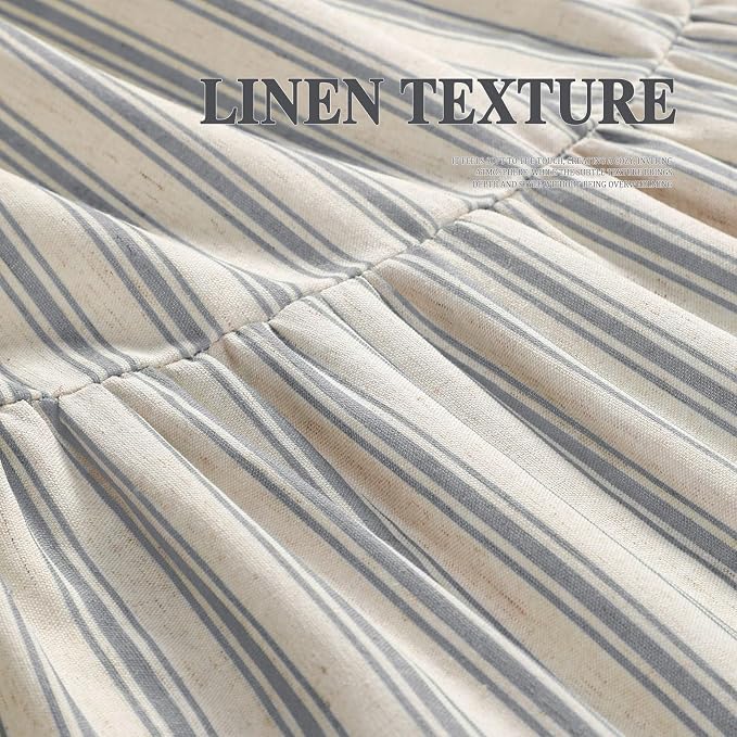 Farmhouse Shower Curtain Ruffle Linen Cream-Grey Stripe 72"W x 84"L | Farmhouse Boho, Striped, Bottom Ruffle, Linen Fabric, Rustic, Country, Natural Look, Washable, for Bathroom Bathtub