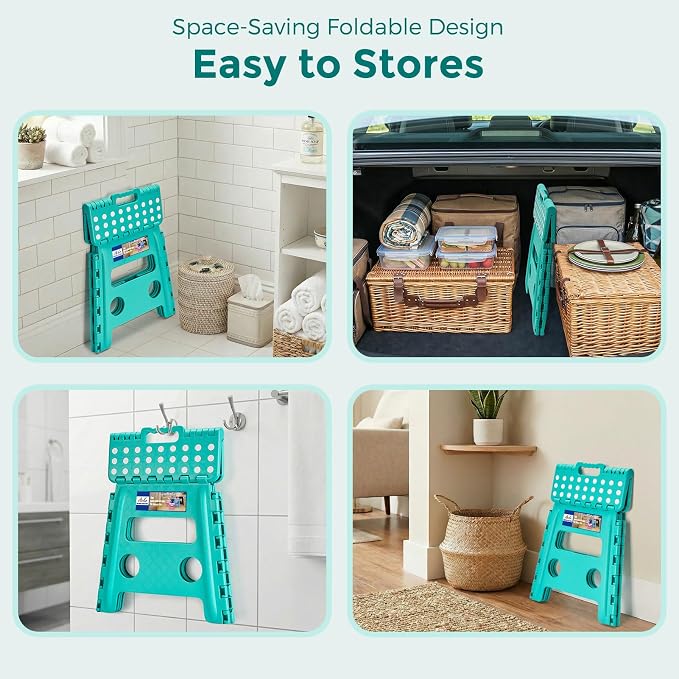 ACKO Folding Step Stool 13 Inch, Heavy Duty for Adults and Kids, Teal | Collapsible Foldable Stools, Non-Slip Surface Foot Stepping stool for Kitchen Bathroom Outdoor, Holds 300 lb, Built-in Handle