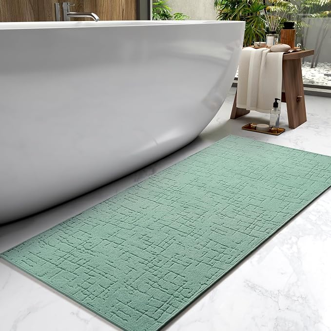 AMOAMI-Bath Mat-Absorbent Quick Dry Bathroom Floor Mats-Washable Rubber Backing Bath Mats for Bathroom Rugs Fit Under Door-Bath Rug for in Front of Sink Bathtub Shower Room, Moss 17''x59''
