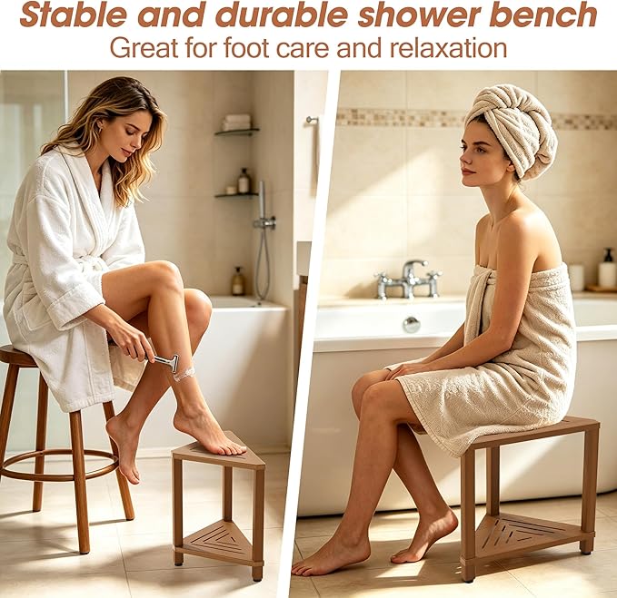 Corner Shower Stool with Storage Shelf, HDPS Waterproof Shower Foot Rest for Shaving Legs, 2-Tier Triangle Bathroom Stool for Inside Shower, Non-Slip Small Shower Bench, Teak Color