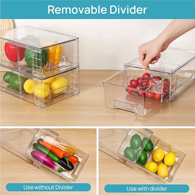 Vtopmart 2 Pack Stackable Clear Drawer with Dividers | Clear Drawer Organizers with Removable Dividers for Flexible storage. Stackable, Non-slip, for Fridge, Under Sink & Bthroom