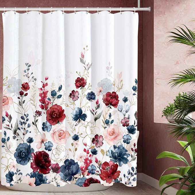 Tititex Aesthetic Navy Red Pink Rose Floral Shower Curtain Sets, Watercolor Gold Flowers Leaves Bathroom Decorative 71x71 Inch Polyester Waterproof Fabric Bath Curtain with Hooks