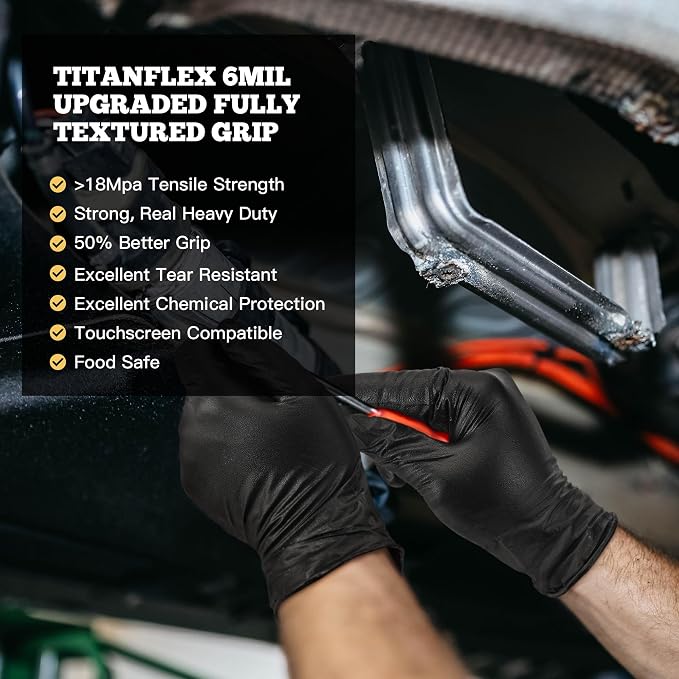 Heavy Duty Black Nitrile Gloves, 6 Mil, Fully Textured, Mechanic Disposable Gloves, Latex Free, Powder Free