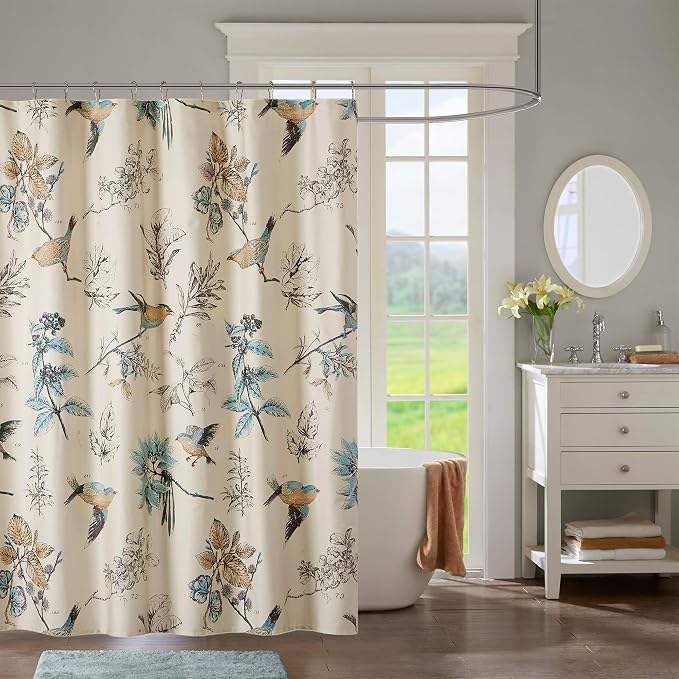 Madison Park Farmhouse Cotton Shower Curtain, 72"x72", Khaki | Bird & Leaf Print, Shower Curtains for Bathroom, Modern Country Bathroom Décor, Machine Washable