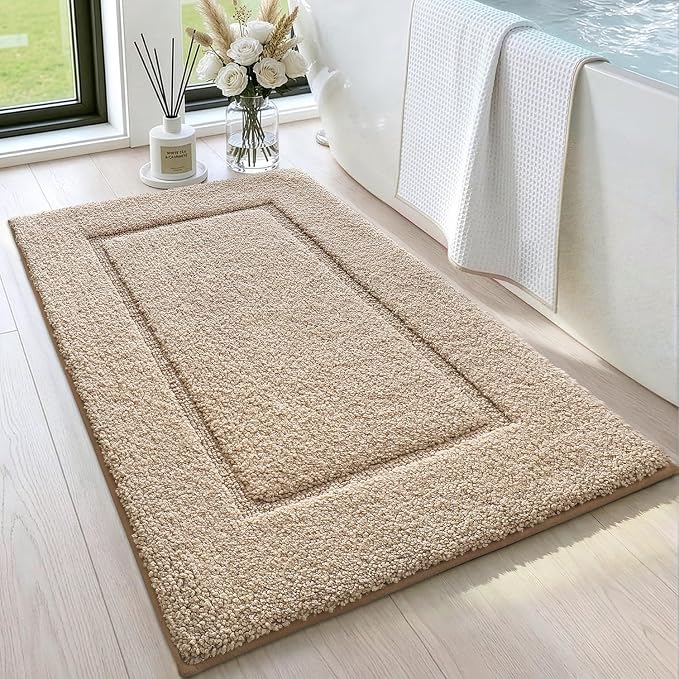 DEXI Bath Mat 24x16, Absorbent and Non Slip Bathroom Rugs, Beige | Soft Plush Microfiber Bathmat, Machine Washable & Quick Dry, Rubber Back Small Rug for Shower, Tub, Sink