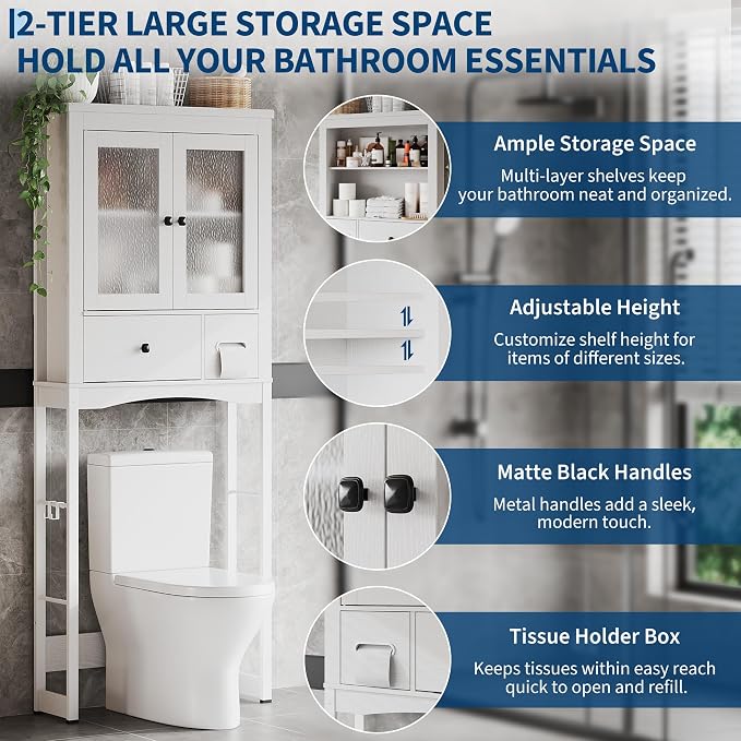 Garvee Over-The-Toilet Storage Rack, Vintage Bathroom Organizer | MDF Shelves & Steel Frame, Space-Saving Toilet Shelf for Small Bathrooms, Bathroom Cabinet for Towels & Toiletries, White