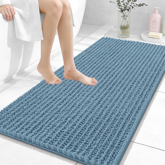 OLANLY Bathroom Runner Rugs 47x24, Thick Soft Absorbent Chenille Bath Rugs | Airy Blue, Quick-Drying Rubber Backing, Long Shaggy Bath Mat, Washable for Floor, Tub and Shower, Home Decor Accessories