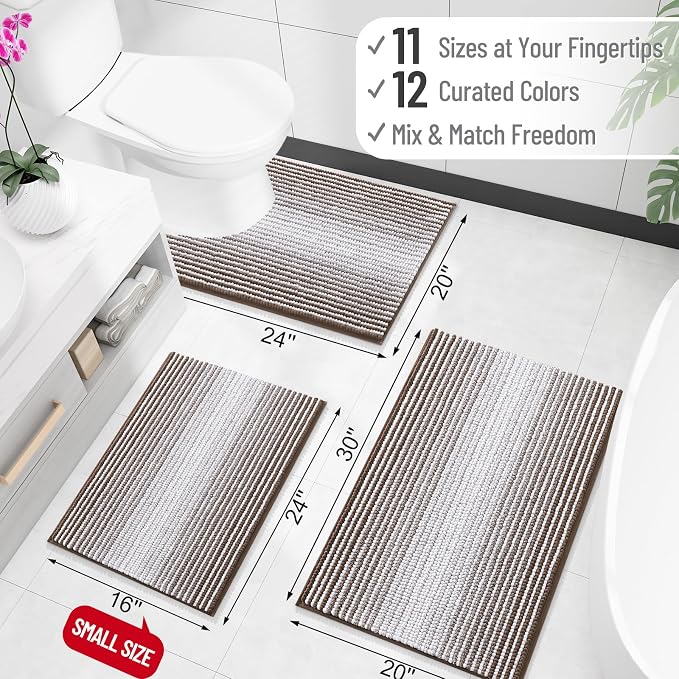 OLANLY Bathroom Runner Rugs 59x20, Soft Chenille Striped Bath Rugs, Brown | Extra Absorbent, Rubber Backing, Machine Wash Dry, Bath Mats for Bathroom Floor, Tub and Shower, Home Decor Accessories