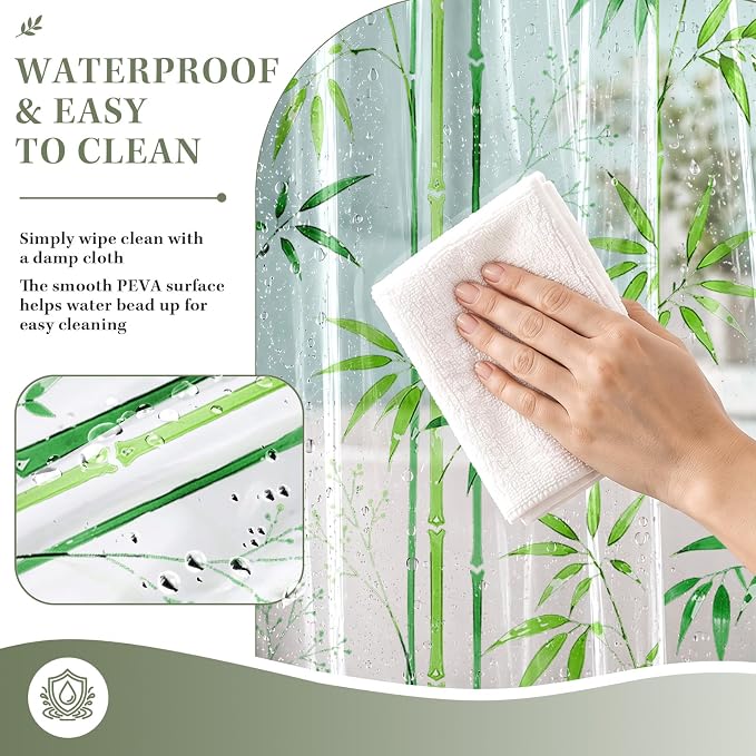 Clear Shower Curtain Liner, Green Botanical PEVA, 72x72 Inch | Nature Plant Waterproof Bath Plastic Shower Curtains Set with 3 Weighted Magnets and 12 Hooks for Bathroom Decor