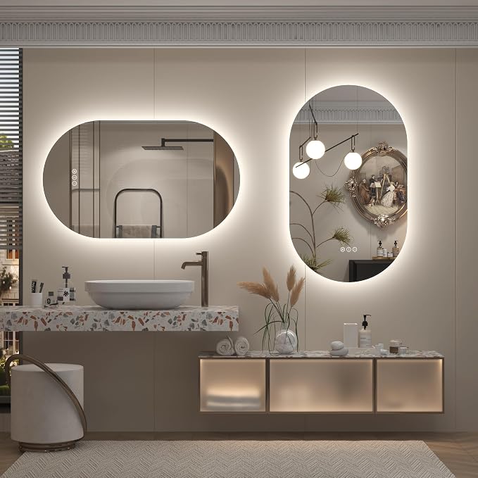 20x36 Inch Oval Backlit LED Bathroom Mirror | Dimmable Vanity Mirror for Wall, Phill-shaped, Anti-Fog, 3 Colors, Memory, Shatter-Proof, ETL Listed, Horizontal or Vertical
