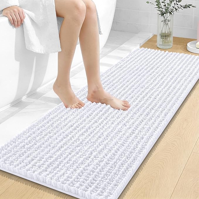 OLANLY Bathroom Runner Rugs 47x17, Thick Soft Absorbent Chenille Bath Rugs | White, Quick-Drying Rubber Backing, Long Shaggy Bath Mat, Machine Washable for Floor, Tub and Shower, Home Decor Accessories