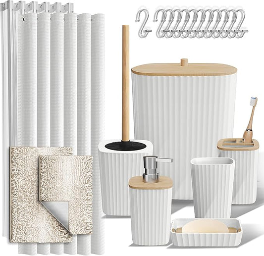 Clara Clark Bathroom Accessories Set - Bathroom Set, Bathroom Sets with Shower Curtain and Rugs, Shower Curtain Set with Bathroom Trash Can - Ombre White - 22PC | 22 Piece Ombre White Bathroom Accessories Set with Toothbrush Holder, Soap Dispenser, Soa...