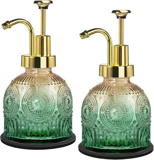 Amolliar 8 Oz Glass Soap Dispenser Plastic Gold Pump,Green-Gradient,2pc | Antique Rustic Hand Soap Dispenser for Bathroom/Kitchen, Vintage/Farmhouse/Boho Style,Pump Dispenser, Refillable, Non-Slip