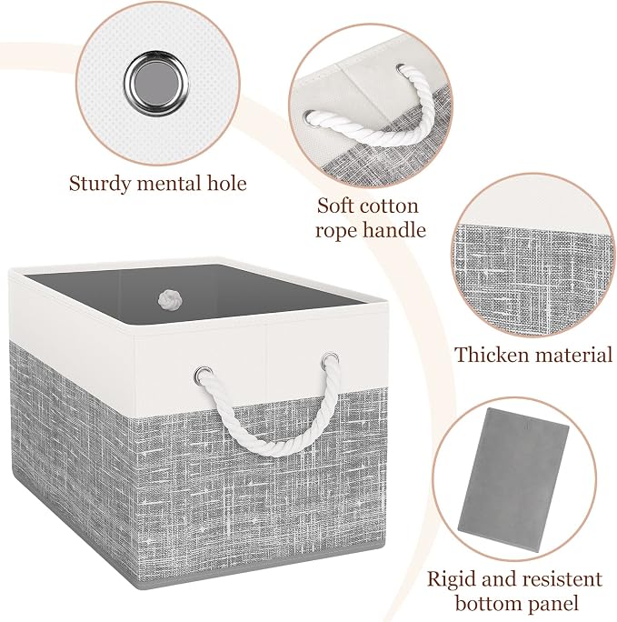 StorageTastic Storage Bin,Collapsible Storage Basket For Organizing,Large | Storage Boxes With Rope Handles,Storage Containers,White & Grey,8 Pack