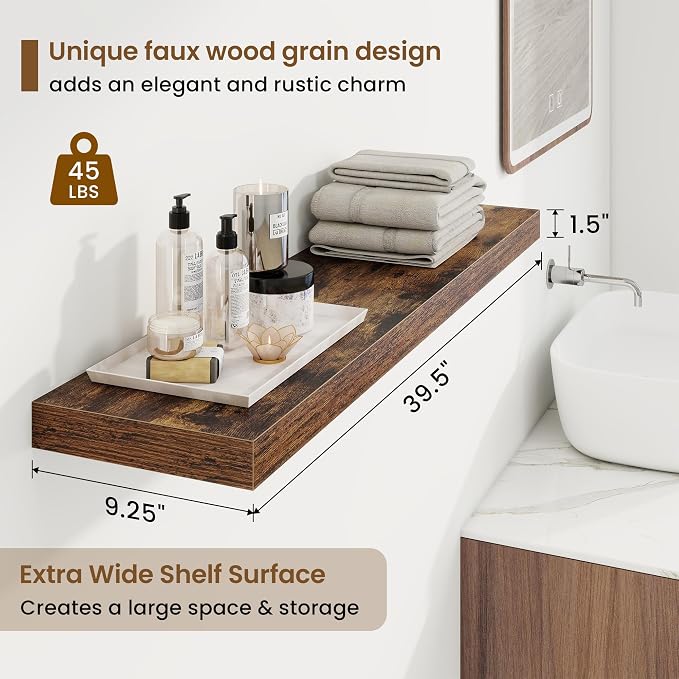9.25in Depth 40in Floating Shelves, 40x9.25x1.4, Rustic Brown, Set of 2 | Wall Mounted Engineered Wood Shelves, Invisible Brackets for Living Room, Bedroom, Bathroom, Kitchen Decor and Storage