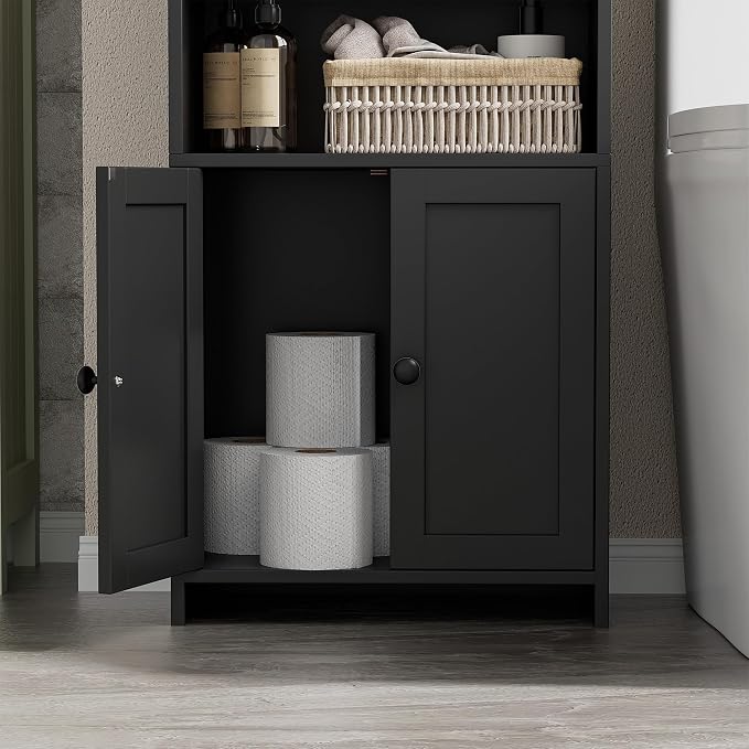 Homhedy Small Bathroom Storage Cabinet, Toilet Paper Storage Cabinet | Bathroom Floor Cabinet with Doors and Shelves, Bathroom Organizers for Small Spaces, 7.9" D x 14.6" W x 31" H, Black